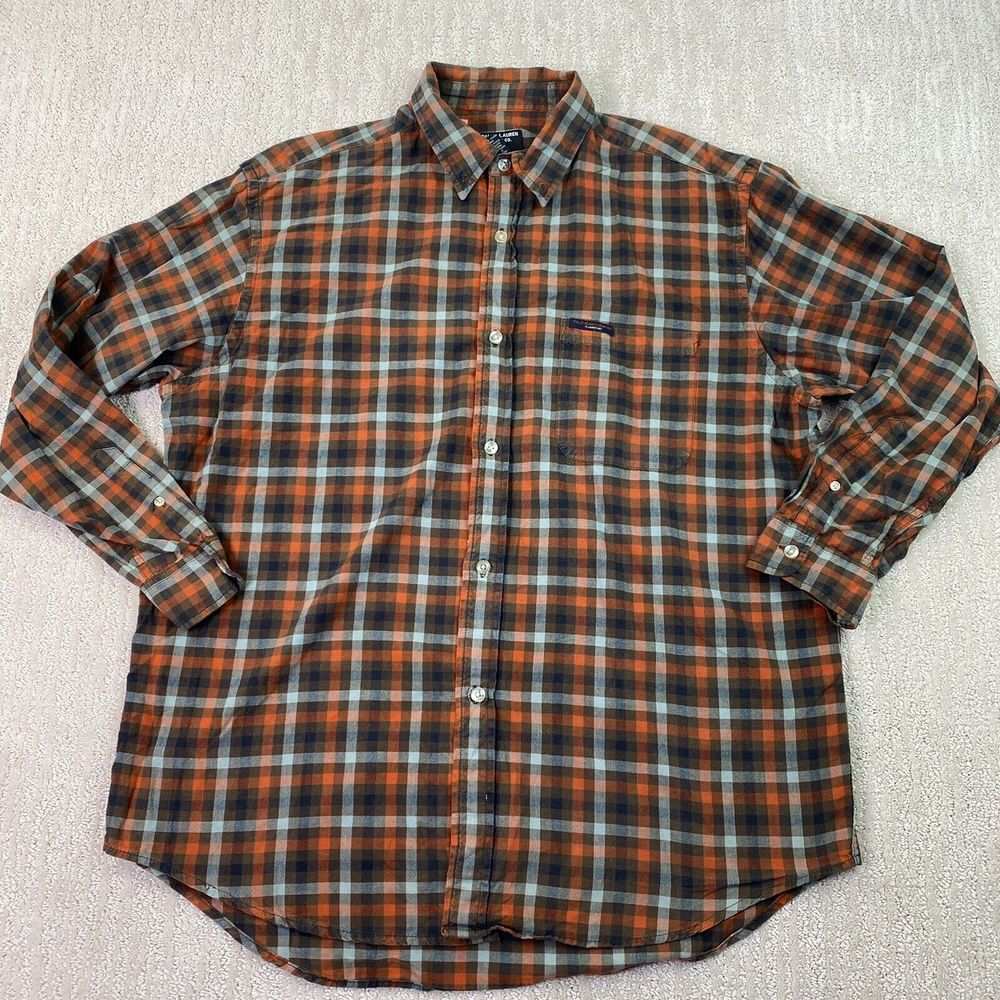 Ralph Lauren Button Up Shirt Mens Large Red Gray Plaid Long Sleeve*